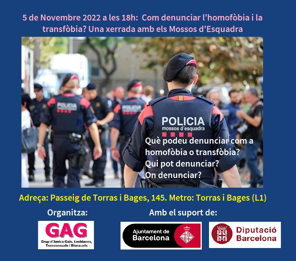 5 de Noviembre 2022 a las 18h: Una Charla con los Mossos d’Esquadra sobre homofobia y transfobia